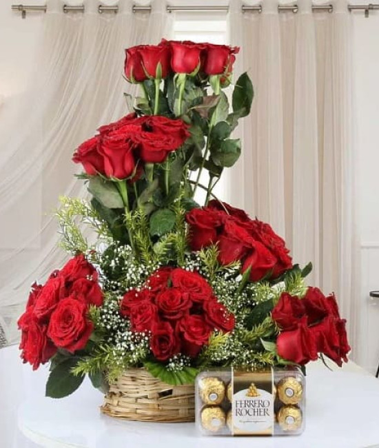 50 Red Roses Basket n Rocher Combo