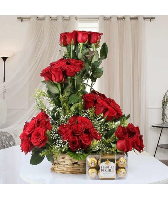 50 Red Roses Basket n Rocher Combo