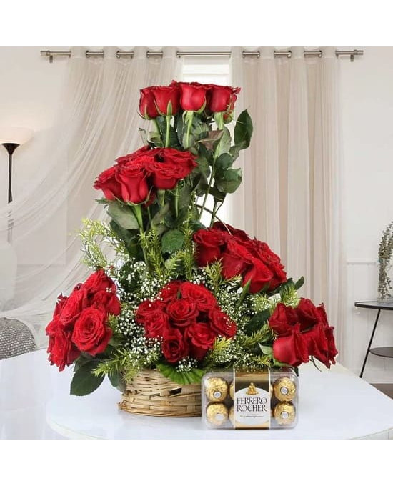 50 Red Roses Basket n Rocher Combo
