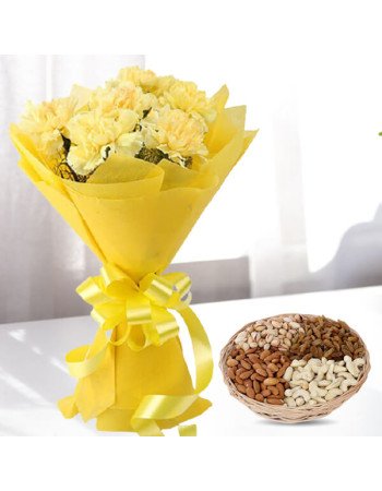12 Yellow Carnations with One kg Dry fruits Basket