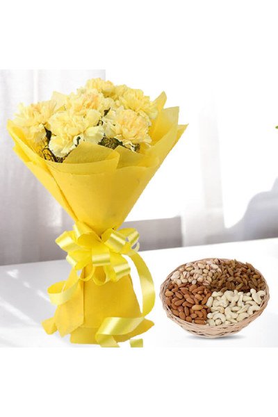 12 Yellow Carnations with One kg Dry fruits Basket