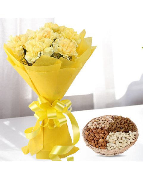 12 Yellow Carnations with One kg Dry fruits Basket