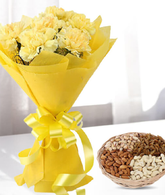 12 Yellow Carnations with One kg Dry fruits Basket
