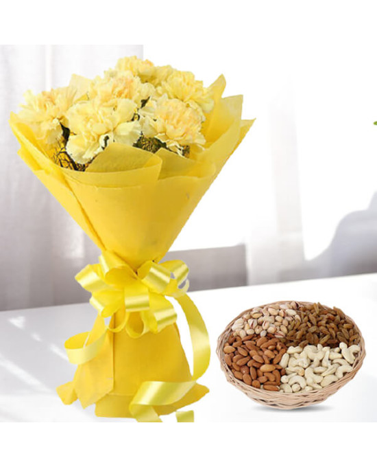12 Yellow Carnations with One kg Dry fruits Basket