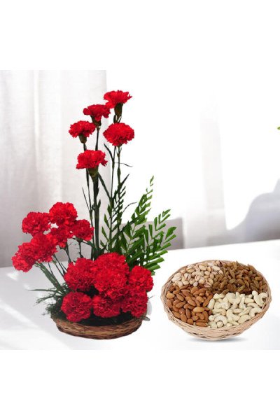 Carnations Basket Arrangement with 1Kg Dry Fruits Basket