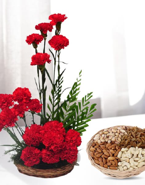 Carnations Basket Arrangement with 1Kg Dry Fruits Basket