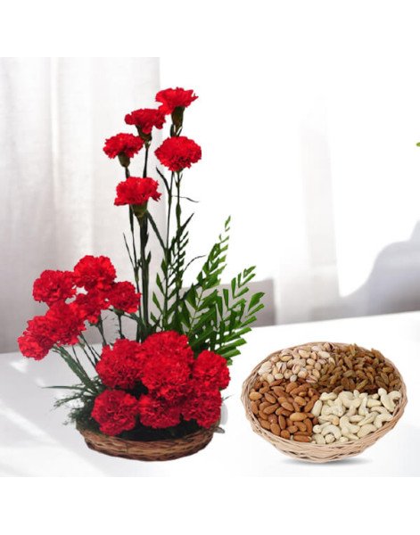 Carnations Basket Arrangement with 1Kg Dry Fruits Basket