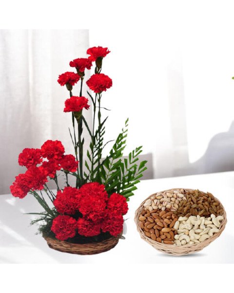 Carnations Basket Arrangement with 1Kg Dry Fruits Basket