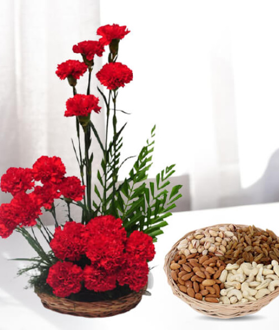 Carnations Basket Arrangement with 1Kg Dry Fruits Basket Carnations Basket Arrangement with 1Kg Dry Fruits Basket