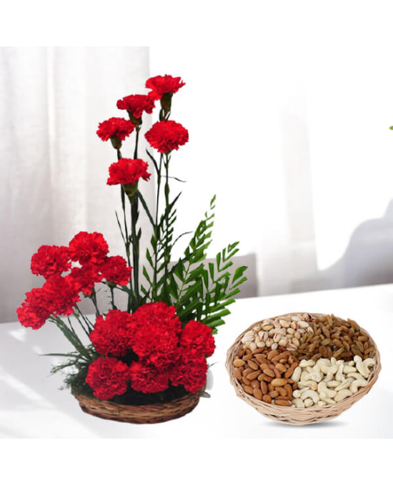 Carnations Basket Arrangement with 1Kg Dry Fruits Basket
