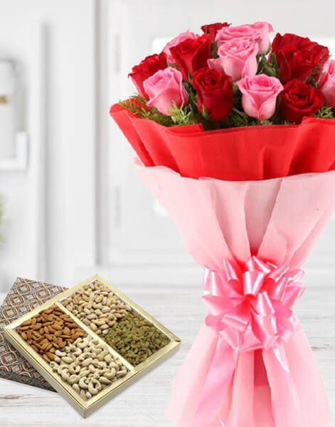 20 Roses Bouquet with Dry Fruits Box