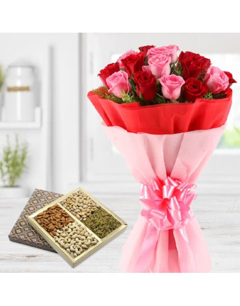 20 Roses Bouquet with Dry Fruits Box