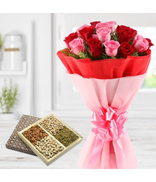 20 Roses Bouquet with Dry Fruits Box