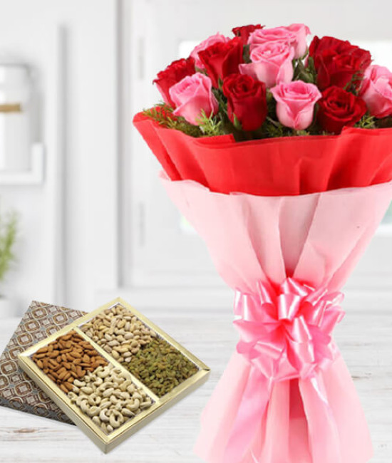20 Roses Bouquet with Dry Fruits Box
