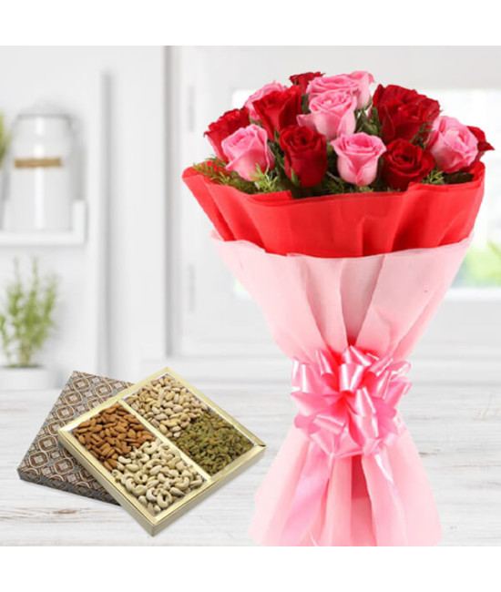 20 Roses Bouquet with Dry Fruits Box