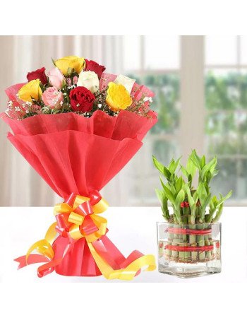 Mix Roses n Lucky Bamboo Plant