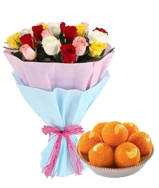 20 Mix Roses n 1/2 Kg Motichoor Laddu 20 Mix Roses n 1/2 Kg Motichoor Laddu