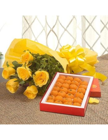 10 yellow roses with 1/2 Kg Motichoor laddu