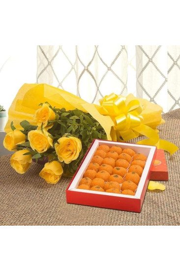 10 yellow roses with 1/2 Kg Motichoor laddu