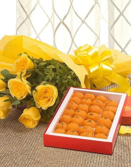 10 yellow roses with 1/2 Kg Motichoor laddu