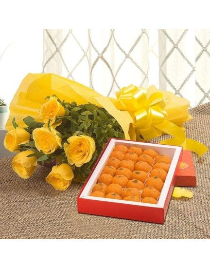 10 yellow roses with 1/2 Kg Motichoor laddu