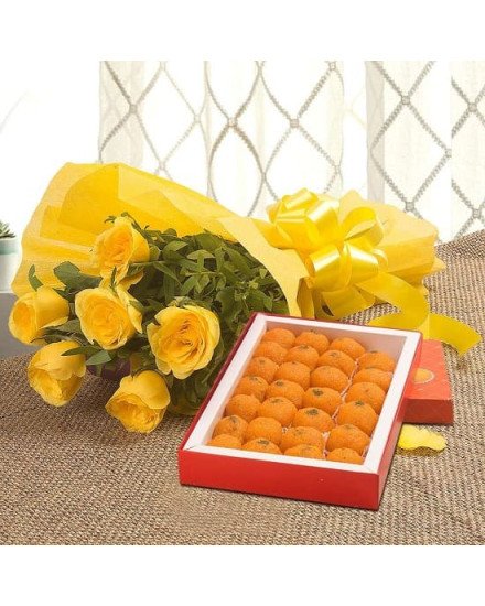 10 yellow roses with 1/2 Kg Motichoor laddu
