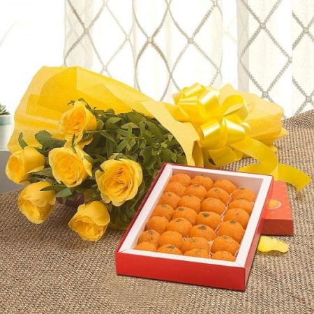 10 yellow roses with 1/2 Kg Motichoor laddu