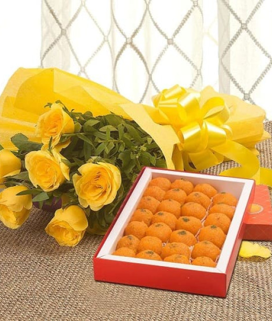 10 yellow roses with 1/2 Kg Motichoor laddu