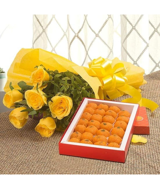 10 yellow roses with 1/2 Kg Motichoor laddu