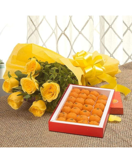 10 yellow roses with 1/2 Kg Motichoor laddu