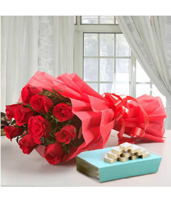 12 Red Roses and 1/2 Kg kaju Katli