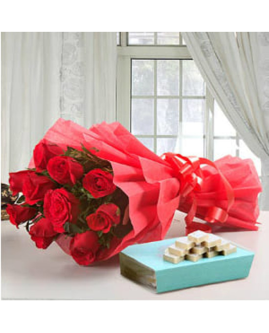 12 Red Roses and 1/2 Kg kaju Katli