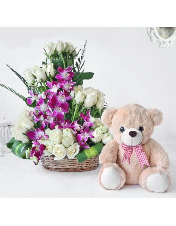 White Roses with Orchids n Teddy Combo