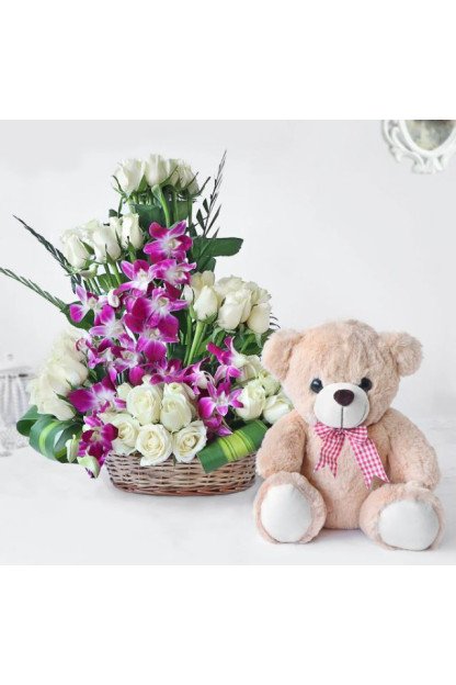 White Roses with Orchids n Teddy Combo