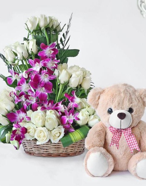 White Roses with Orchids n Teddy Combo