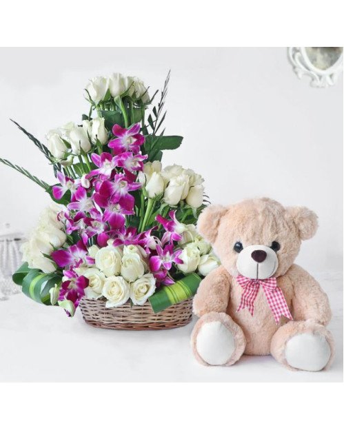 White Roses with Orchids n Teddy Combo