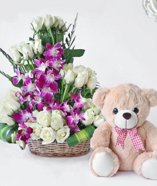 White Roses with Orchids n Teddy Combo White Roses with Orchids n Teddy Combo