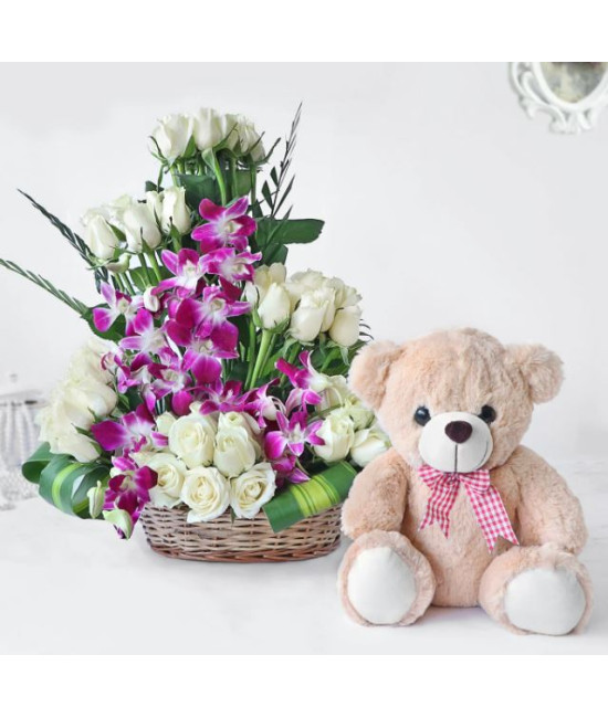 White Roses with Orchids n Teddy Combo