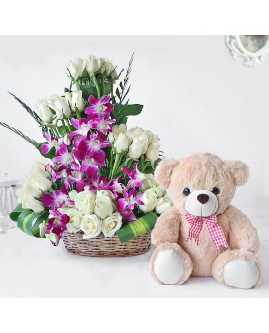 White Roses with Orchids n Teddy Combo