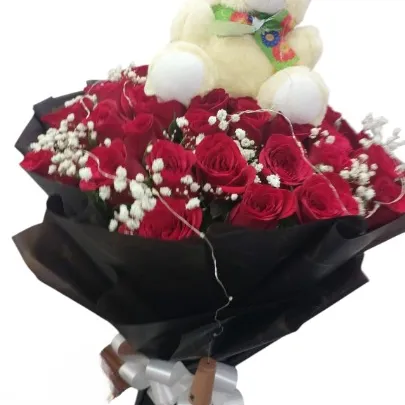 Premium Red Roses Bouquet with Teddy Bear