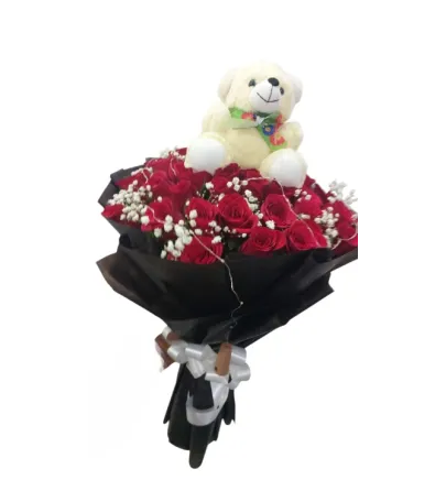 Premium Red Roses Bouquet with Teddy Bear and Black Korean Wrapping