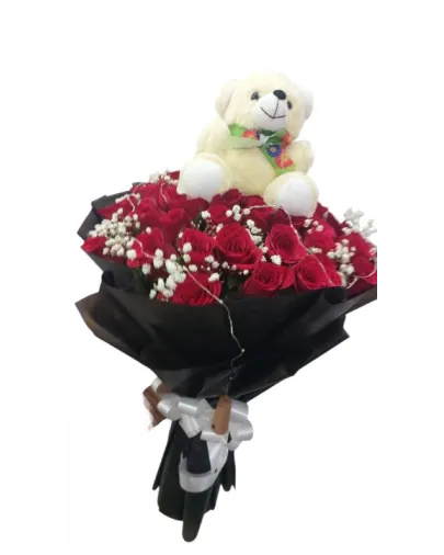 Premium Red Roses Bouquet with Teddy Bear