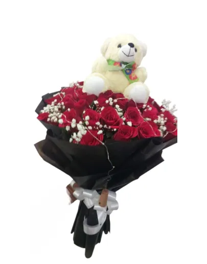 Premium Red Roses Bouquet with Teddy Bear