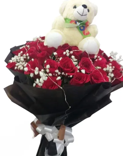 Premium Red Roses Bouquet with Teddy Bear