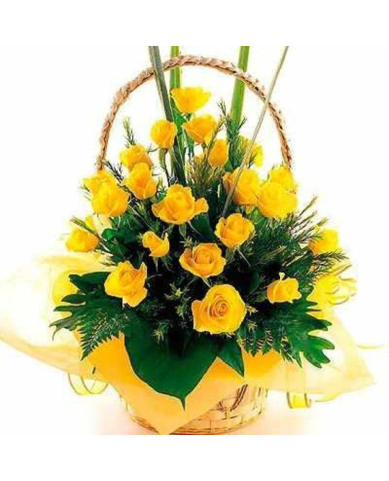 30 yellow roses round basket