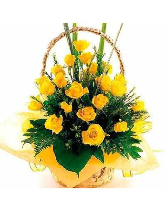 30 yellow roses round basket