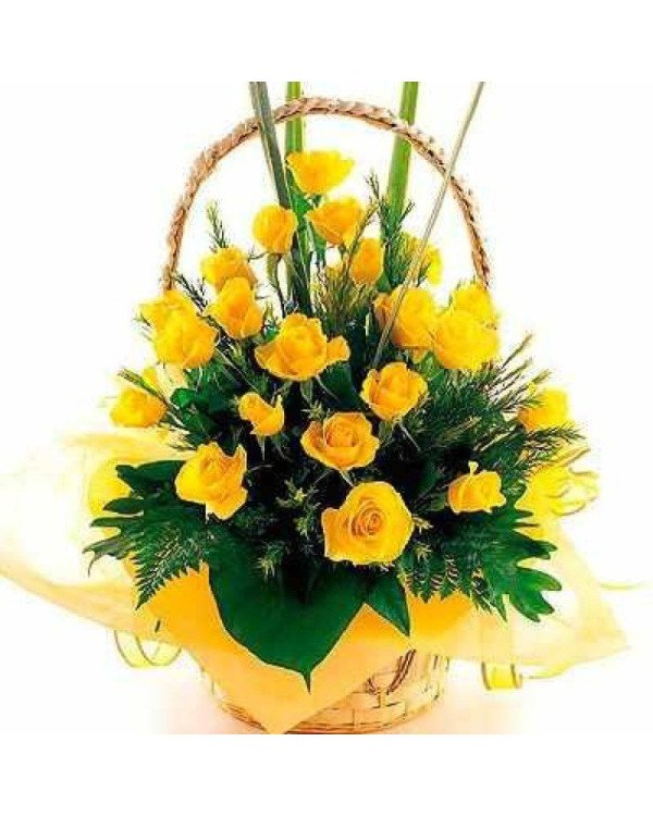 30 yellow roses round basket