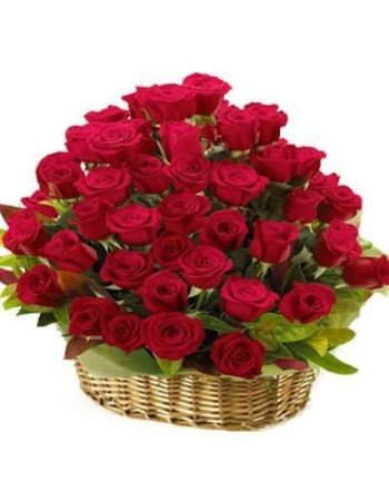 60 red roses round basket