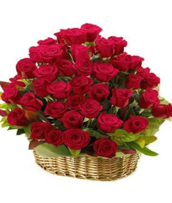 60 red roses round basket