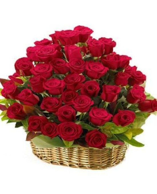 60 red roses round basket